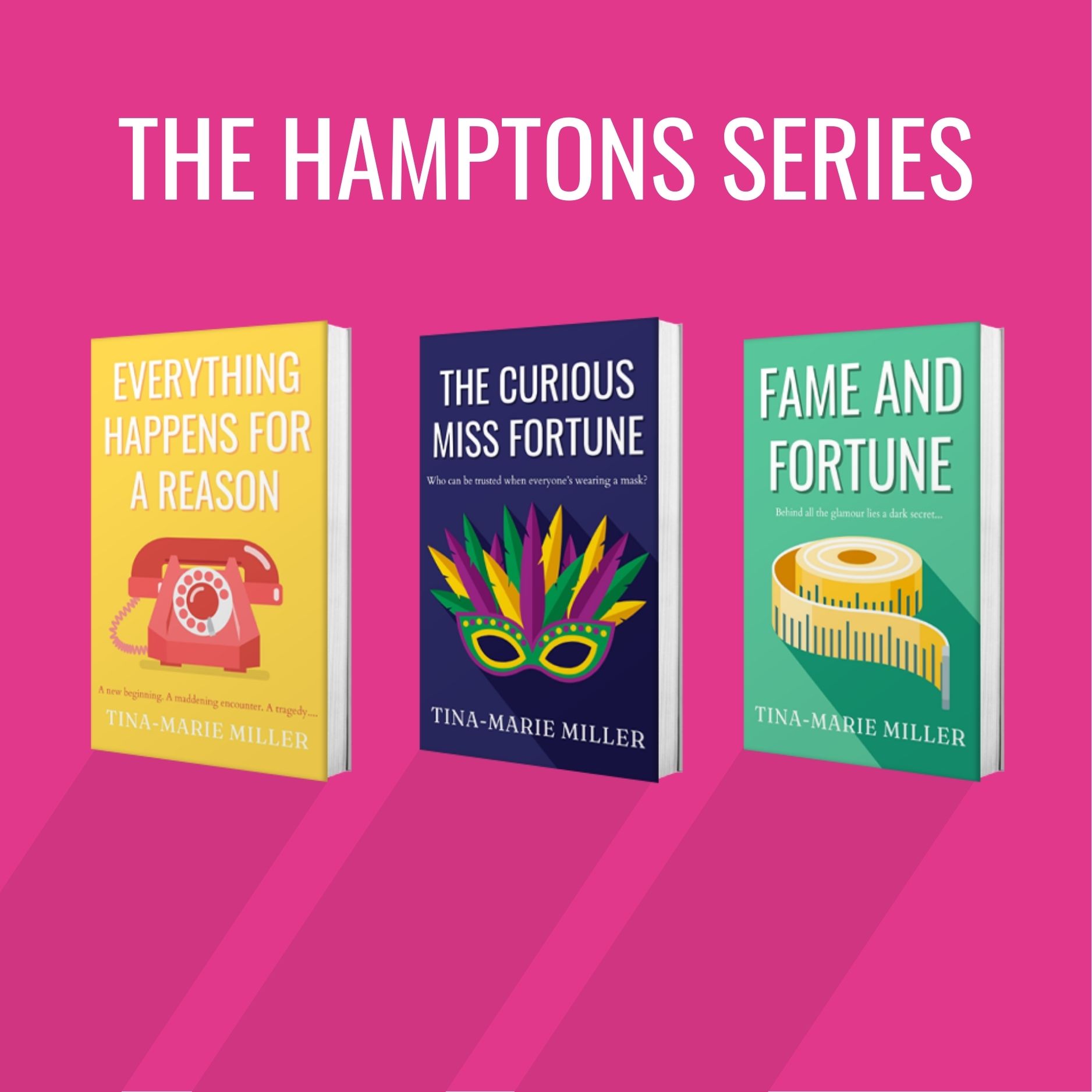 3 novels from the Hamptons Series by Tina-Marie Miller on a pink background